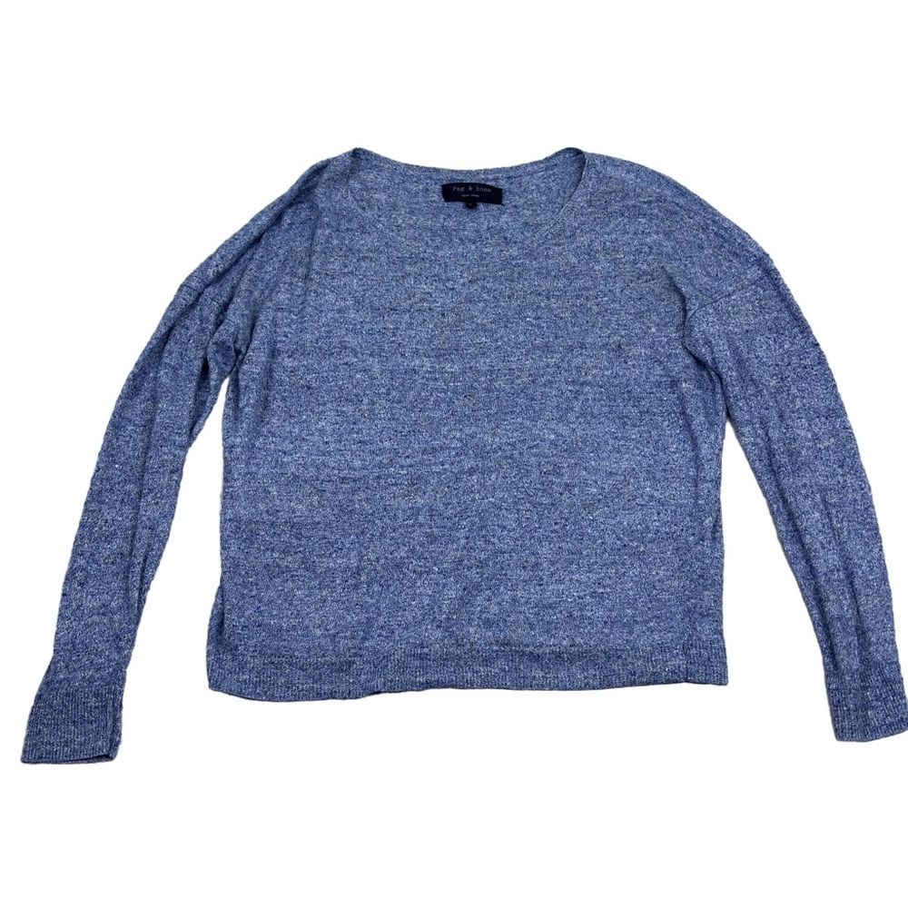 Rag & Bone Melange White / Navy Blue 100% Linen Textured Scoop Neck Longsleeve - Picture 1 of 4